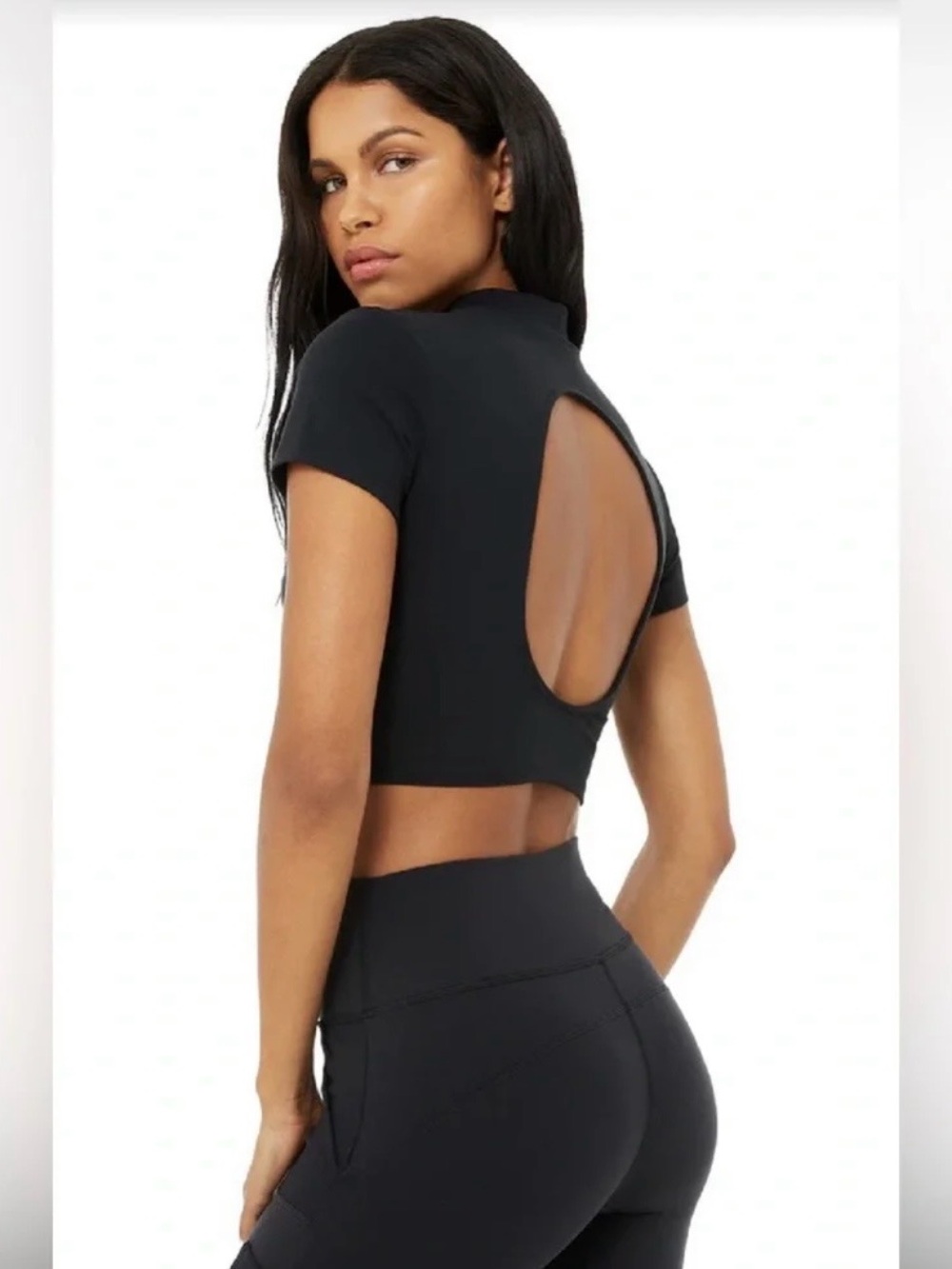 ALO Yoga Black Short-Sleeve Mock Neck Crop Top - NWOT